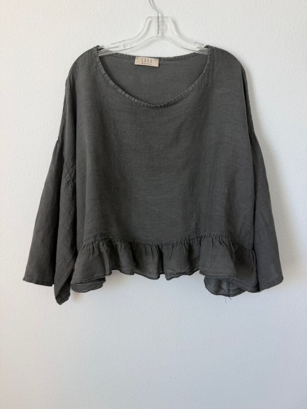 SAGA Made in Italy 100% Linen Gray 3/4 Sleeve Round Neck Tiered Blouse Size M ?
